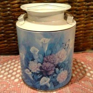 Vintage Milk Jug Tin, Giftco Calla Lily, Carnation and Butterfly, EUC